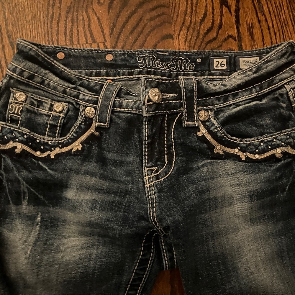 Miss Me Bootcut/Flare Distressed Jeans with Embellished Pockets - Picture 2 of 4